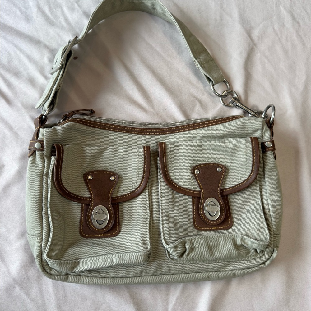 ✨️Light Sage Canvas Shoulder Bag with Brown Trim✨️